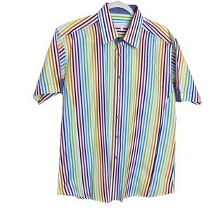 Jared Lang Short Sleeve Large Rainbow Striped Button Up 100% Luxury Cotton Sz L